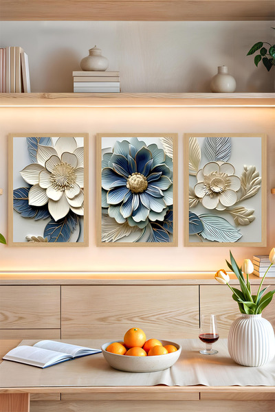kutuTR 🖼️ Mavi ve Krem Tonlarında Kabartmalı Çiçek Temalı 3’lü Tablo Seti Çerçevesiz MDF UV Baskı CRVS1054