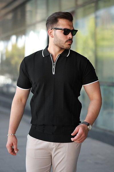 JANES Men's Vertical Embossed Knitted Textured Zipper Collar T-Shirt