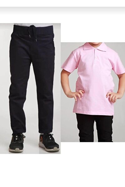 BAGİSTA BUTİK بنطلون أطفال من الكتان باللون الأزرق الداكن (خصر مطاطي) وردي بأ...