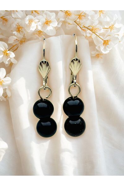 ayrestyle Handmade Onyx Natural Stone Dangle Unisex Earrings – 8mm Black Stone, Silver Color, Latch Clip
