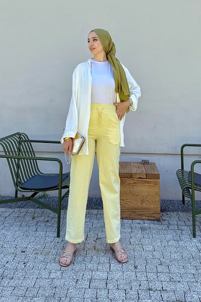 Tesettür Diyarı Linen Fabric Pocket Women's Trousers with Elastic Waist