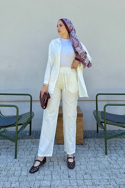 Tesettür Diyarı Linen Fabric Pocket Women's Trousers with Elastic Waist