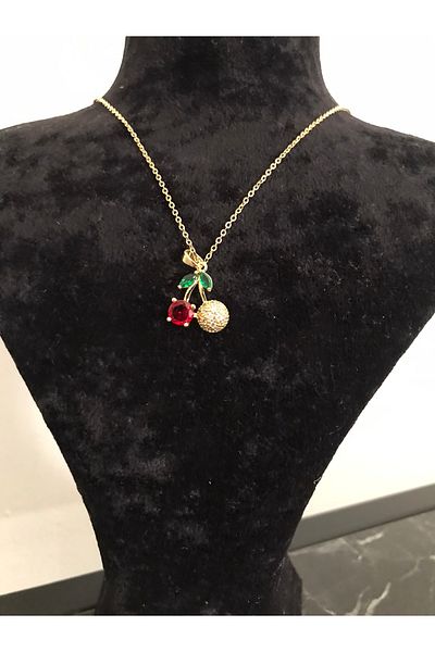 shop Red Cherry Gold Detail Stone Shiny Necklace