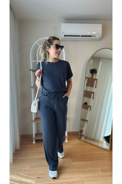 fidoş Women's Elastic Waist Top and Bottom Suit Blouse Trousers
