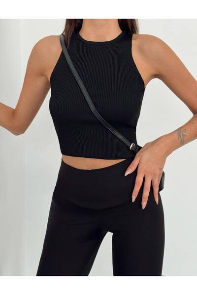 ButikHabush KADIN TRİKO LİKRALI CROP BLUZ SİYAH