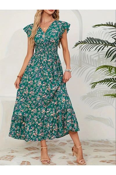 JANES Women Short Sleeve Double Breasted Lapel Elastic Waist Floral Print Dress