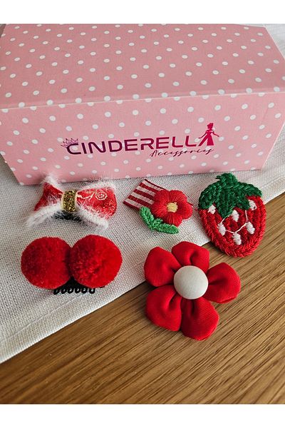 Cinderella Set of 5 Red Strawberry Pompom Bow Hairless Baby Hair Clips - Gift New Year's Day Baby Hair Clips Set