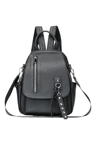 Lucmark Women's backpack, Lucmark, genuine leather, zipper pockets, Black