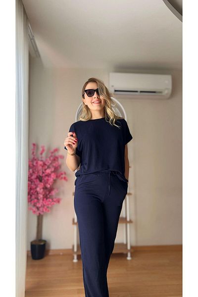 fidoş Women's Elastic Waist Top and Bottom Suit Blouse Trousers