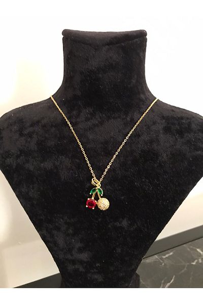 shop Red Cherry Gold Detail Stone Shiny Necklace