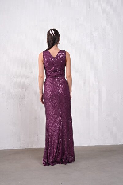 zoezoe KADIN UZUN YIRTMAÇLI PARLAK PAYET KUMAŞ KRUVAZE YAKALI DÜĞÜN/DAVET/NİŞAN/MEZUNİYET ABİYE ELBİSE