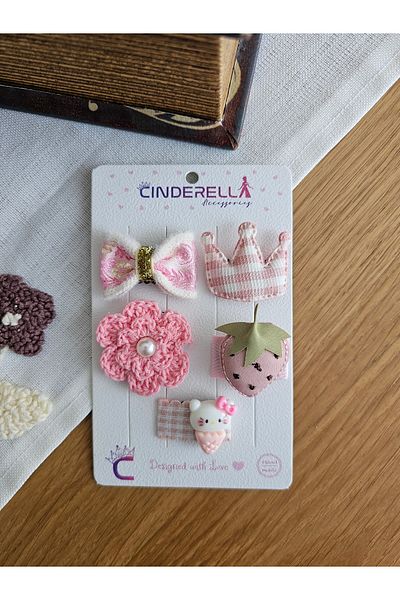 Cinderella Set of 5 Special Series Pink Bow Pearl Flower Little Hairless Baby Hairpin Newborn Gift Hairpin Set