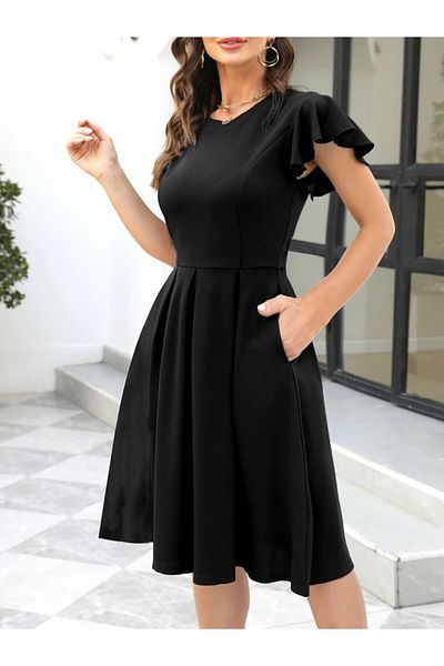 JANES Women's Butterfly Sleeve Crew Neck Pleated Imported Crepe Dress