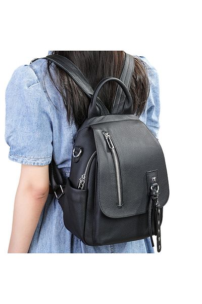 Lucmark Women's backpack, Lucmark, genuine leather, zipper pockets, Black