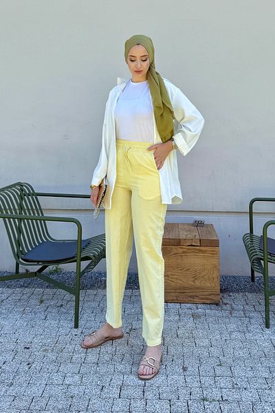 Tesettür Diyarı Linen Fabric Pocket Women's Trousers with Elastic Waist