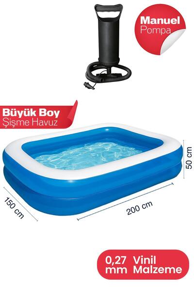AboutThePerfect Genis Dikdörtgen Şişme Aile Havuzu Ve Pompa, 200x150x50 Cm, Y...