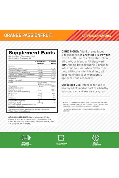 Optimum Nutrition Creatine Monohydrate Orange Passionfruit 40 Servings, 360 Grams, Blend With Electrolytes.