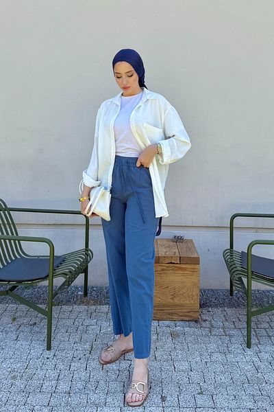 Tesettür Diyarı Linen Fabric Pocket Women's Trousers with Elastic Waist