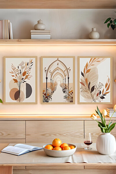kutuTR 🌿 Bej ve Tarçın Tonlarında Soyut Gotik Kemerli Çiçek Temalı 3'lü Tabl...