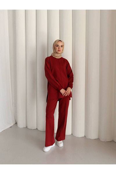 sportiness Oversized Two-Thread Fabric Tracksuit with Hem Detail and Slit Detail
