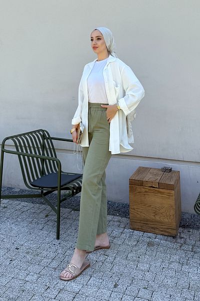 Tesettür Diyarı Linen Fabric Pocket Women's Trousers with Elastic Waist