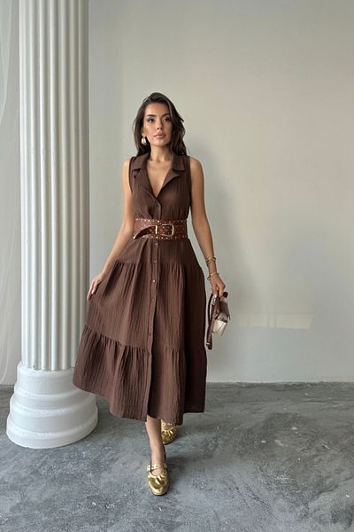 JANES Muslin Dress Shirt Collar Sleeveless Front Button - Brown
