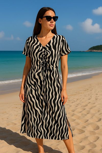 MAMAYAGA Women's V-Neck Front Gathered Half Sleeve 100% Viscose Patterned Sports Stylish Plus Size Curve Summer Dress