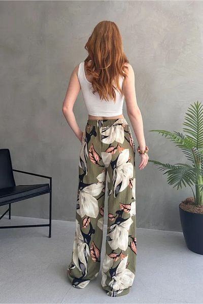 Butik Floral Patterned Loose Trousers Khaki - 27237
