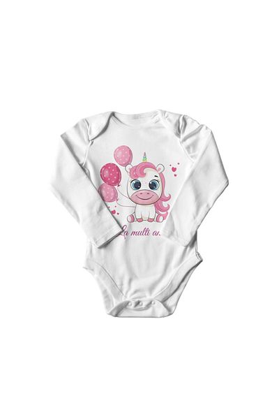 Printisimi Body bebelus "Unicorn La multi ani", Alb, Bumbac