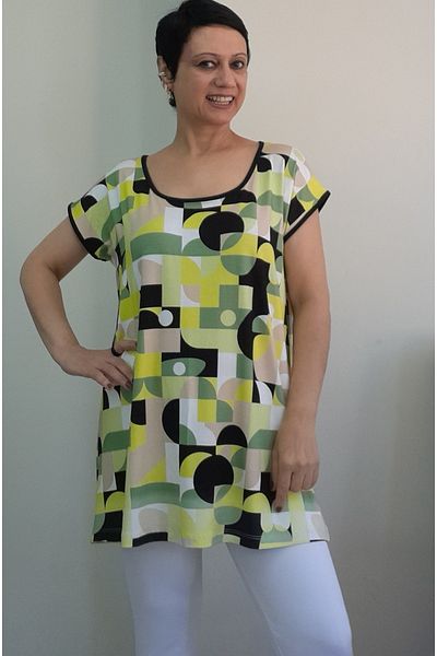 Mertcan Butik Whole Coming Low Sleeve Combed Viscose T-Shirt with White Yellow Green Black Pattern Size
