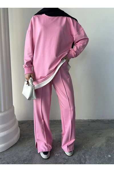 sportiness Σετ φόρμας oversize από ύφασμα με δύο κλωστές με γαρνιρισμένο λουράκι και λεπτομέρεια σχισμής