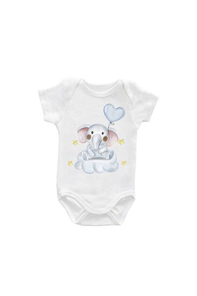 Printisimi Body bebelus "Elefant cu balon", Alb, Bumbac