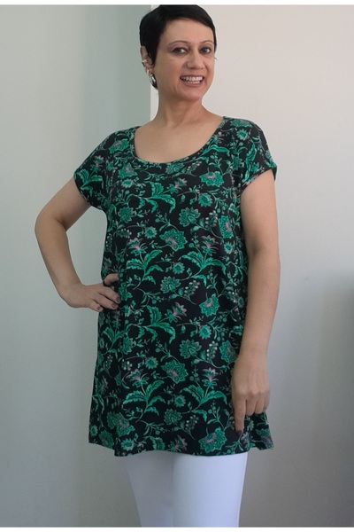 Mertcan Butik Μπλουζάκι με χαμηλό μανίκι από χτενισμένο βισκόζη με πράσινο μαύρο σχέδιο σε μέγεθος