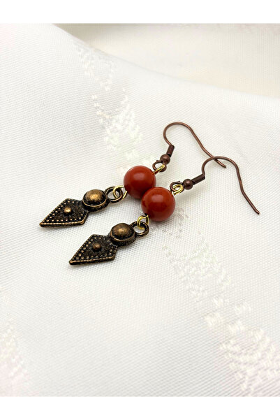 ayrestyle Bohemian Authentic Dangle Hook Earrings with Jasper Natural Stone - Arrowhead Motif, Dark Copper Color, 5cm