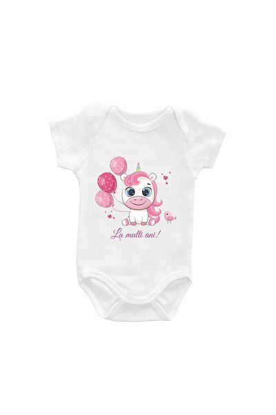 Printisimi Body bebelus "Unicorn La multi ani", Alb, Bumbac