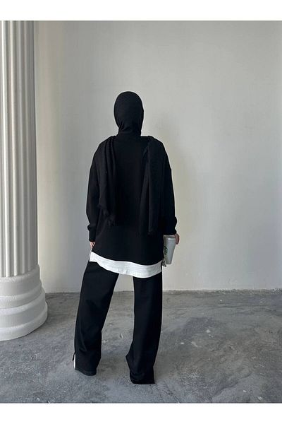 sportiness Σετ φόρμας oversize από ύφασμα με δύο κλωστές με γαρνιρισμένο λουράκι και λεπτομέρεια σχισμής