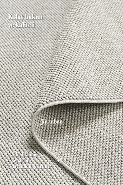 Seyra Home Bukle Kilim Düz Yumuşak Sisal Jüt Taban %100 Polipropilen Tozumaz Oda Koridor Halısı Gümüş Renk