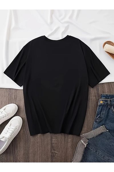 qubo sportswear & company Tricou negru cu mânecă scurtă, unisex, din bumbac, cu imprimeu supradimensionat