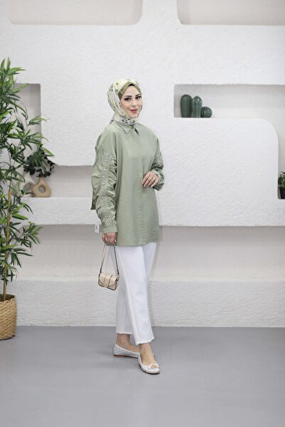 MY CİTY YASEMEN KADIN KOLLARI TAŞ DETAYLI OVERSİZE GÖMLEK TUNİK