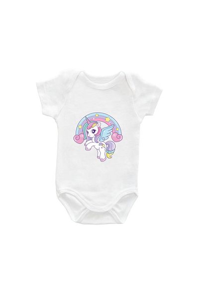 Printisimi Body bebelus "Unicorn si curcubeu", Alb, Bumbac