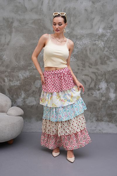 Marjinal Layered Colorful Patterned Long Skirt