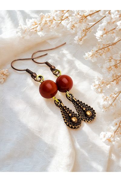 ayrestyle Jasper Natural Stone Bohemian Authentic Dangle Hook Earrings Zamak Casting Red Women's Earring 5cm