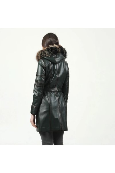 shop Genuine Leather Coat Trench Coat Hooded Real Fur Leather Coat