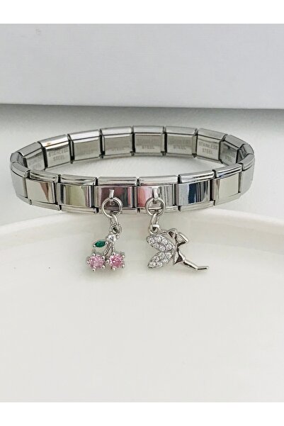 Mercan Aksesuar Sallantılı Kiraz Charmlı Italyan Çelik Bileklik 18 cm Uzunluk