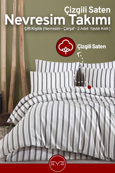 Eve Tekstil طقم غطاء لحاف فاخر مزدوج مخطط من الساتان مقاس 200 × 200 سم