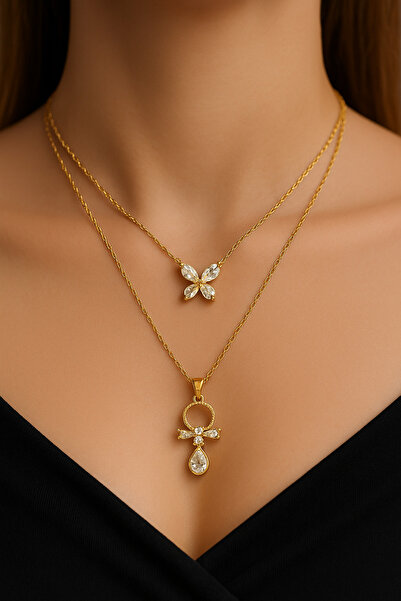 SNGL ACCESSORİES Zarif Altın Kaplama Kelebek ve Taş Detaylı İkili Kolye – SNG...