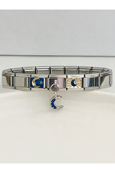 Mercan Aksesuar Sallantılı Ay Charmlı Italyan Çelik Bileklik 18 cm Uzunluk