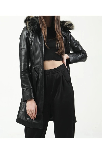 shop Genuine Leather Coat Trench Coat Hooded Real Fur Leather Coat