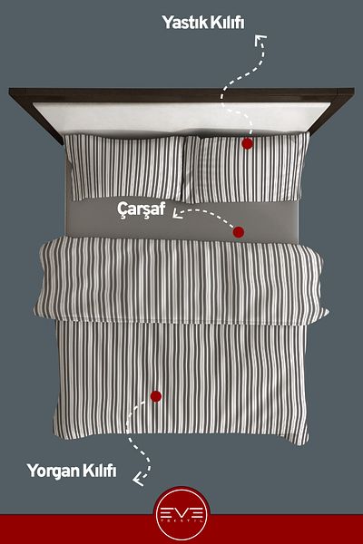 Eve Tekstil طقم غطاء لحاف فاخر مزدوج مخطط من الساتان مقاس 200 × 200 سم