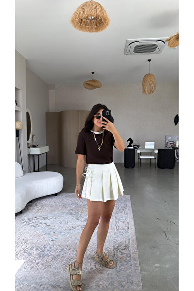 ButikHabush Kadın Beyaz Renk Keten Yandan Bağlamalı Pileli Şort Etek